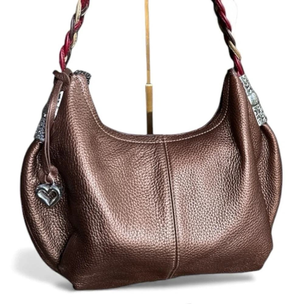 Brighton NWOT Braided Strap Pebbled Leather Hobo in Bronze with Heart Charm